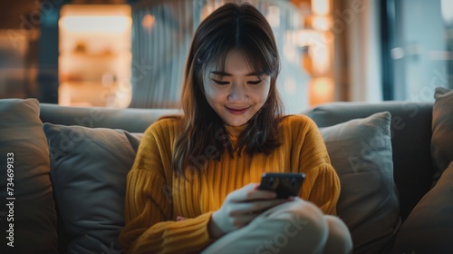 beautiful young asian woman looking happy uses a smart mobile phone on sofa in living room interior