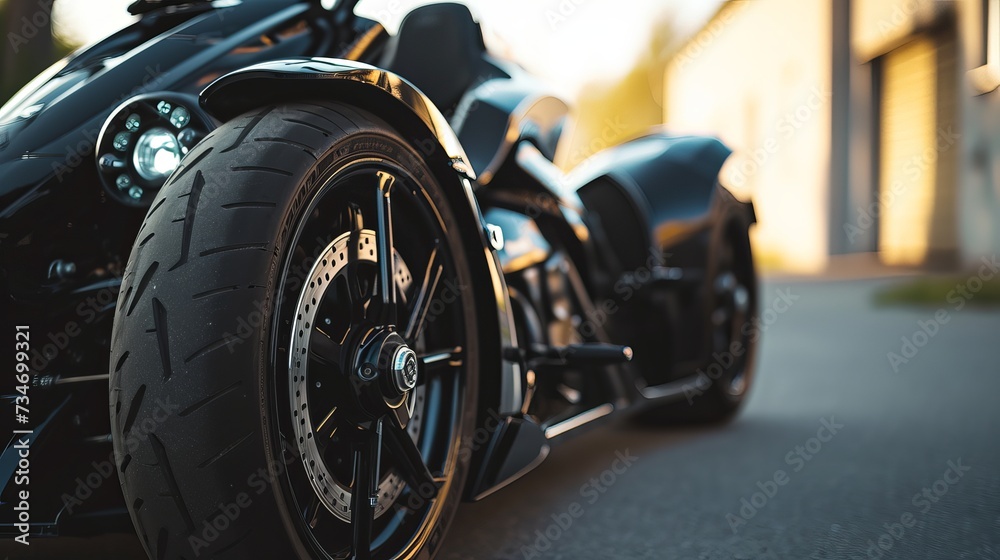 Detailed Close-Up of Black Sports Motorcycle, Front Wheel and Headlights, Parked Outdoors at Sunset