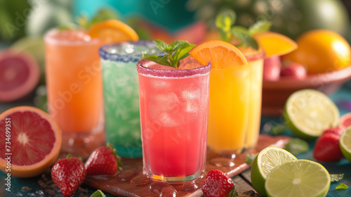 Variety of Aquas Frescas Mexican drinks topped with fresh fruit and mint leaves.