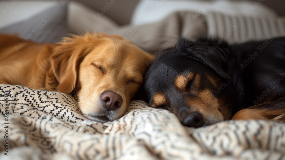 Two dogs sleeping soundly in bed, next to each other.