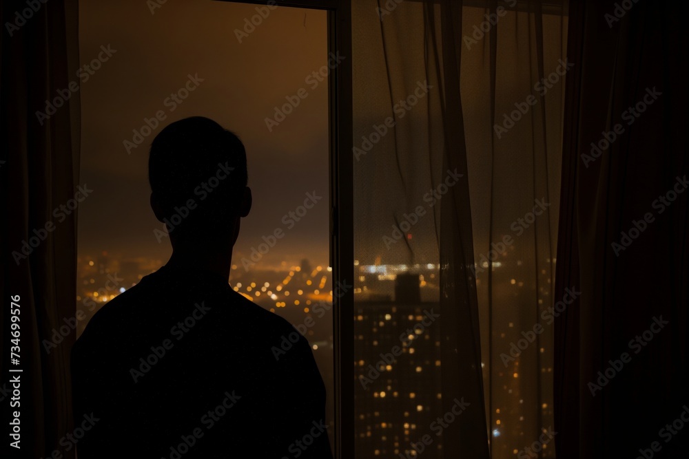 silhouette by window with cityscape nightlight