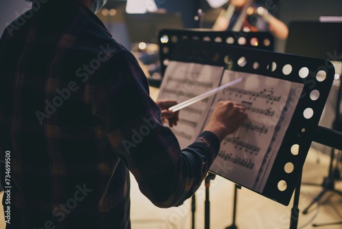 educator setting up music stands for a band rehearsal photo
