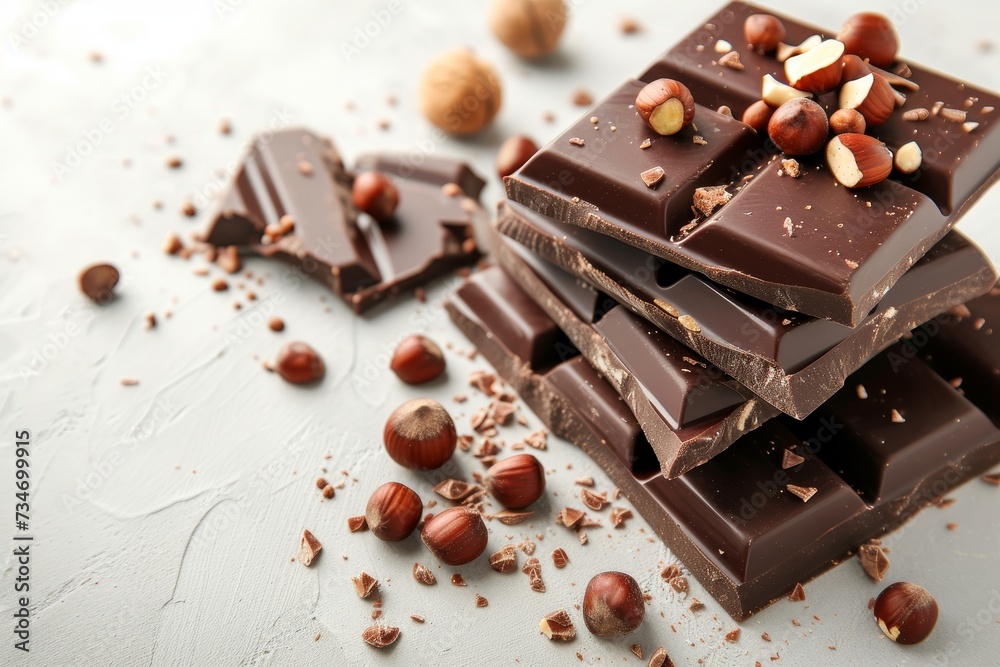 Delicious chocolate with nuts against a bright backdrop Delicious chocolate with nuts against a bright backdrop