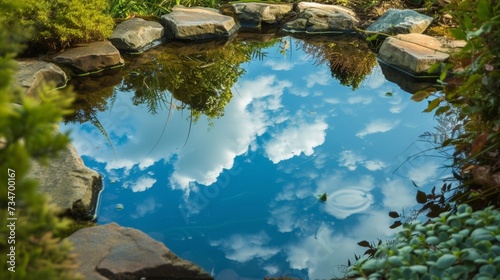 Describe the serene beauty of a garden pond reflecting the clear blue sky