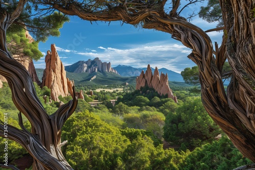 The Garden of the Gods is framed by twisted Juniper trees photo