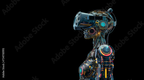 A female cyborg robot wearing a VR headset