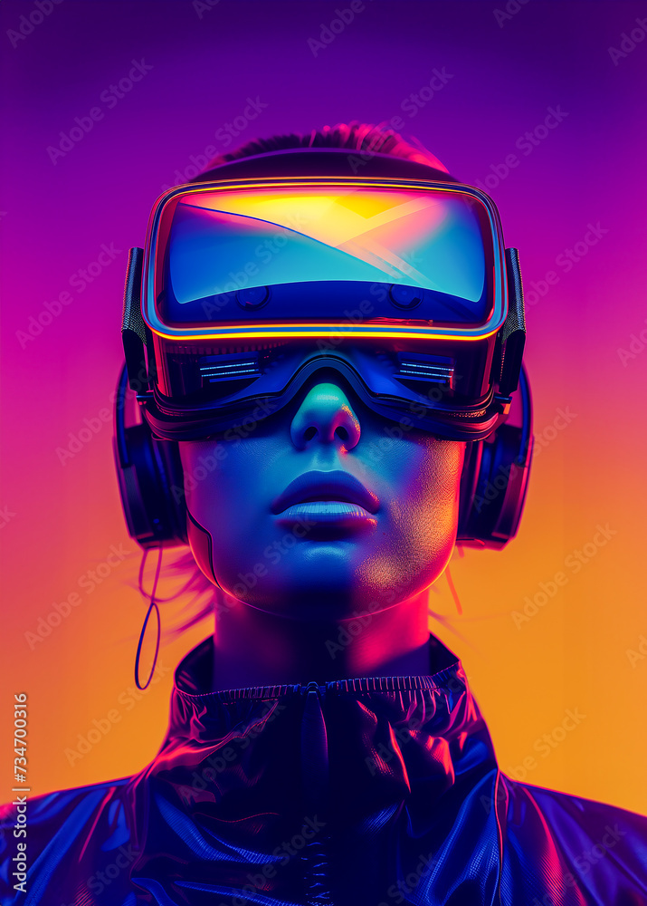 A female cyborg robot wearing a VR headset