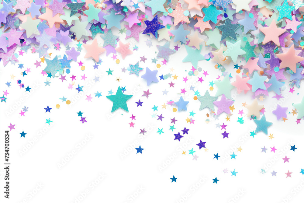 Background with pastel colorful confetti, star shaped with copy space