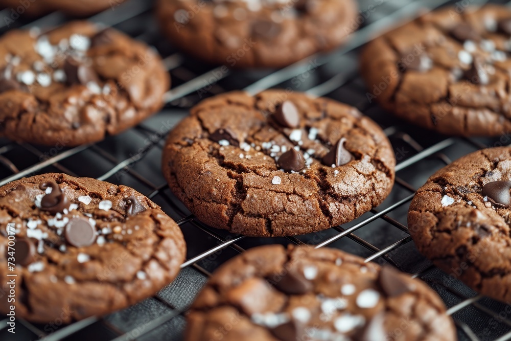 Double chocolate cookies with dark chocolate chips and salt flakes on a rack Double chocolate cookies with dark chocolate chips and salt flakes on a rack