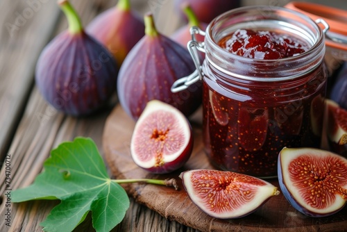Fresh figs in a wooden background with jam filled jar
