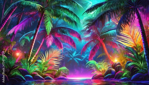 trees and Colorful Neon Light Tropical Jungle Plants in a Dreamlike Enchanting Scenery