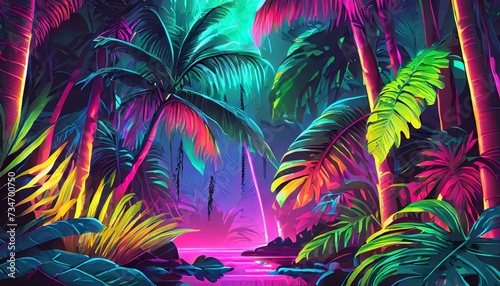 tropical palm trees and sun, Colorful Neon Light Tropical Jungle Plants in a Dreamlike Enchanting Scenery