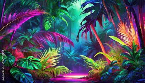 tropical palm tree in the night wallpaper Colorful Neon Light Tropical Jungle Plants in a Dreamlike Enchanting Scenery © Bilawl
