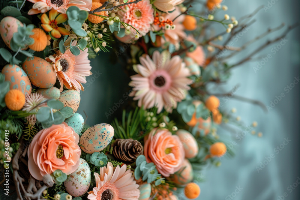 Close-up of a colorful Easter wreath featuring bright flowers and speckled eggs