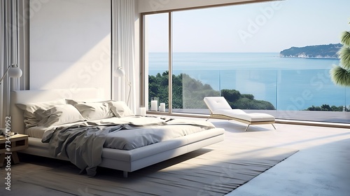 Interior of a modern bedroom with beautiful sea view © Emma