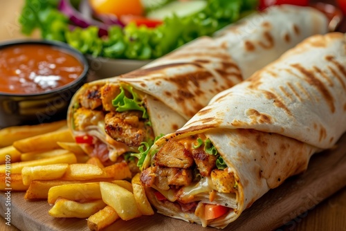 Fast food consisting of various wraps with beef chicken paneer and eggs served with wedges and fries salad dip and sauce photo