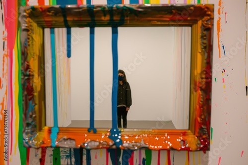 persons reflection in a mirror framed with multicolored paint drips