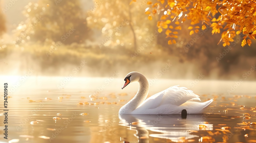 Naklejka premium A white swan floats on the lake in golden autumn.