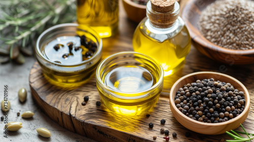 Glass containers of heart healthy oils like olive and flaxseed.