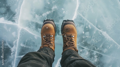 A traveler's sturdy boots stand on the glassy surface of a frozen lake, a testament to winter's cold embrace