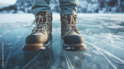A traveler's sturdy boots stand on the glassy surface of a frozen lake, a testament to winter's cold embrace