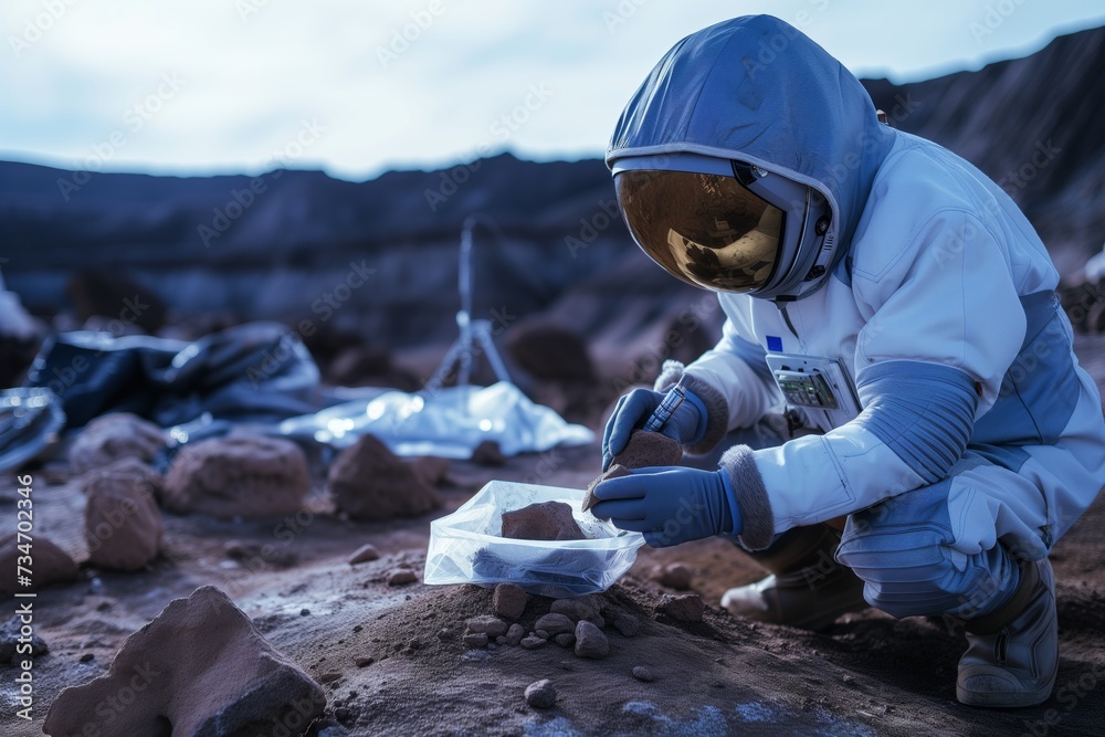 scientist analyzing rock samples in a geology lab on an extraterrestrial surface - obrazy, fototapety, plakaty 