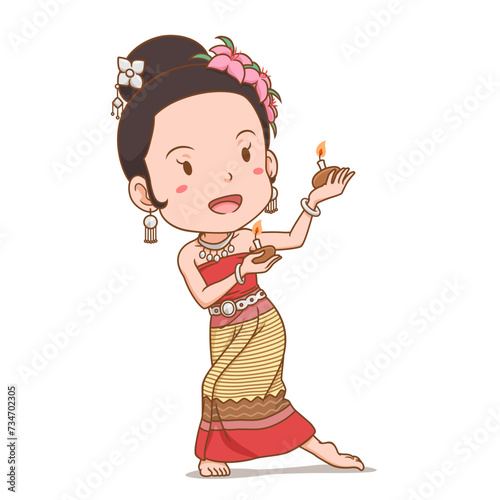 Cartoon character of Thai traditional dancer girl. Phang dance of northern Thailand.