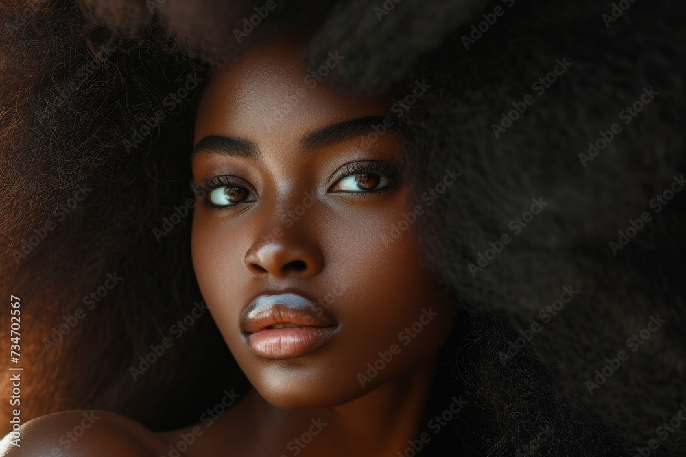 Ethnic African woman with dark skin long afro hair and a beautiful face a stunning black model Ethnic African woman with dark skin long afro hair and a beautiful face a stunning black model