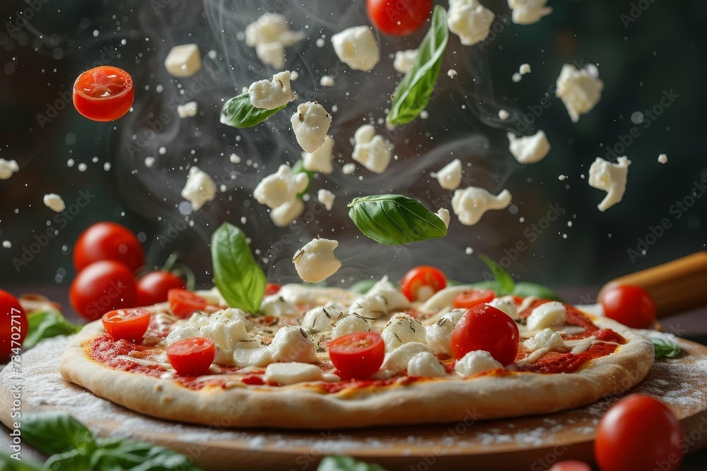 Freeze motion of mozzarella cheese on pizza an Italian traditional meal Freeze motion of mozzarella cheese on pizza an Italian traditional meal