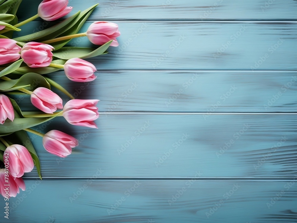 Tulips on wooden table with blue wooden background and copy text space Tulips on wooden table with blue wooden background and copy text space
