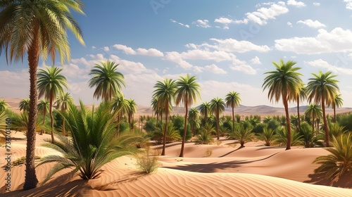 A desert oasis with palm trees and lush greenery, contrasting against the arid sand dunes, showcasing nature's resilience.  photo