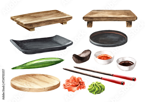 Sushi ceremony elements set. Hand drawn watercolor illustration, isolated on white background © dariaustiugova