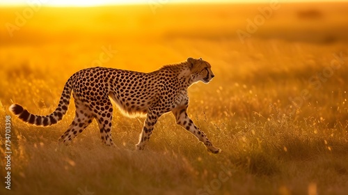 A cheetah is walking through the grass at sunset