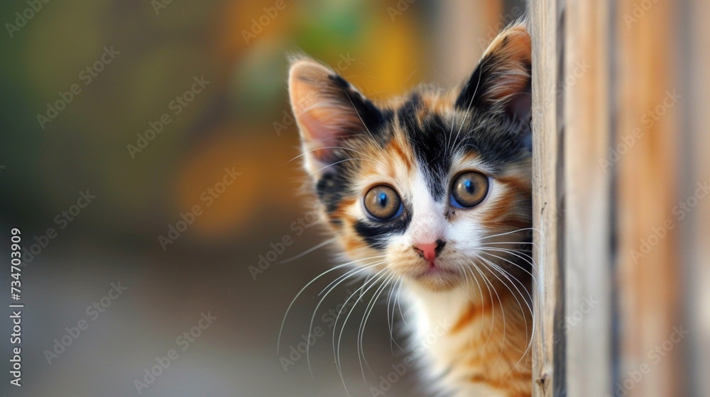 An inquisitive calico kitten peering curiously into the lens of the camera, its whiskers twitching with excitement.