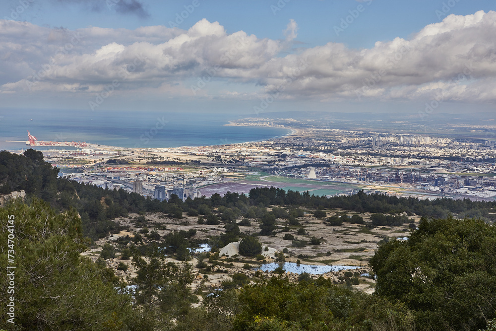 Breathtaking panoramic view of haifa from mount carmel, including sea port and residential areas