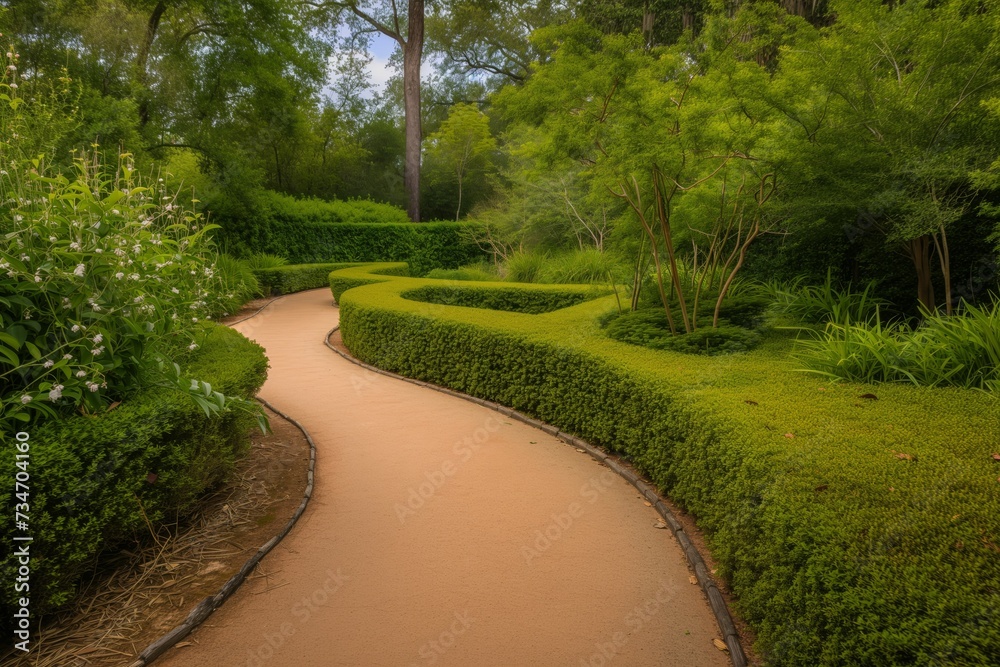 scurved pathway with a fuzzy hedge maze in the far end