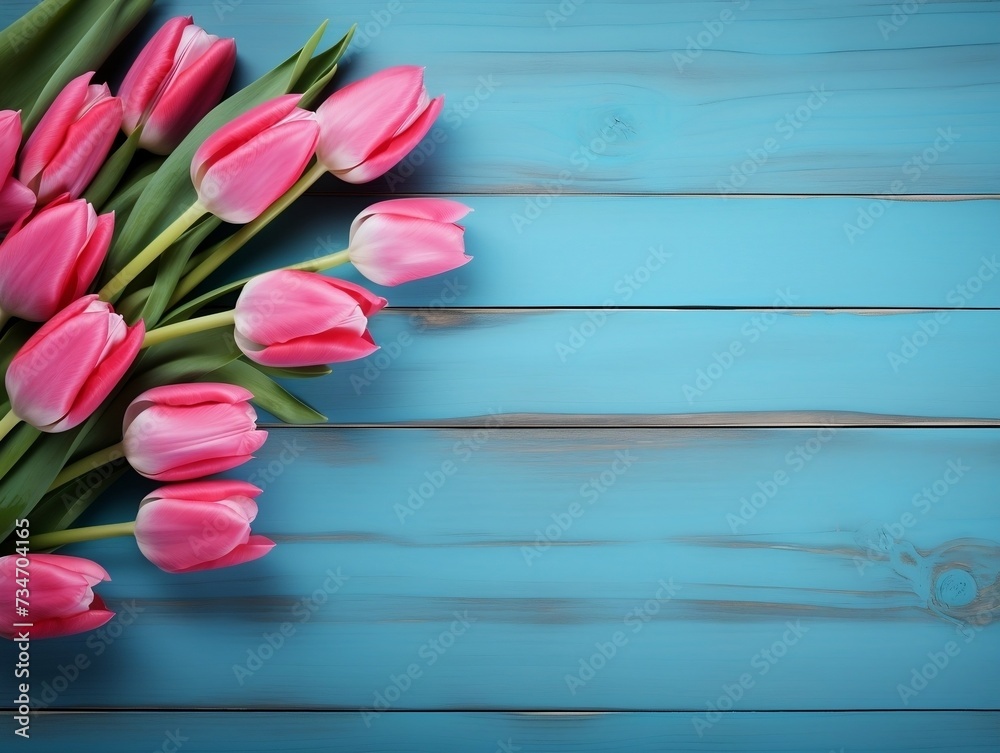 Tulips on wooden table with blue wooden background and copy text space Tulips on wooden table with blue wooden background and copy text space