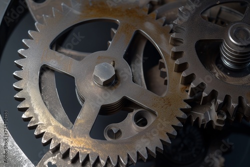 ultra closeup of interlocking gears from a newly crafted metal clock