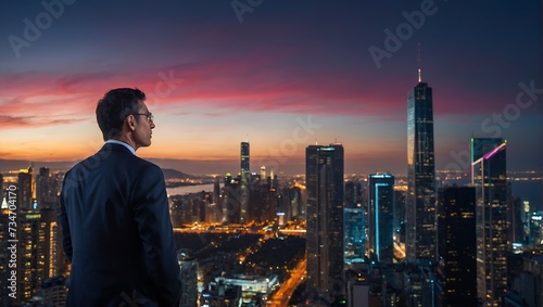 A businessman stands facing a vibrant cityscape at dusk, with city lights and an impressive skyline stretching before him.