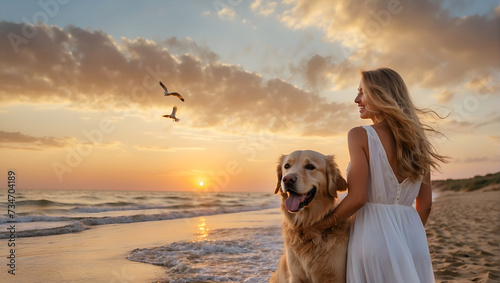 A joyful woman in a white dress and her golden retriever enjoy a beautiful sunset on the beach, both looking towards the camera with happy expressions.