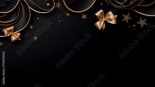 Christmas greetings banner with swirl ribbons and stars on black colour background