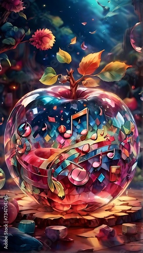 Crystal Apple Bursting with Musical Notes : Symphonic Secrets ,Generative AI © Zigma Arts