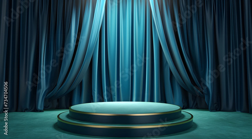 3d Green podium background and fabric curtain with spotlight luxury
