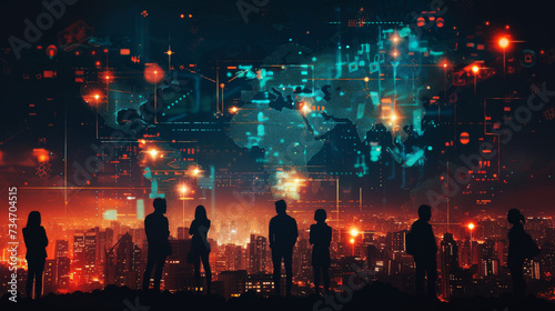 Futuristic Network and People Silhouettes against Cityscape. People silhouettes against a city backdrop with glowing cyber network graphics.