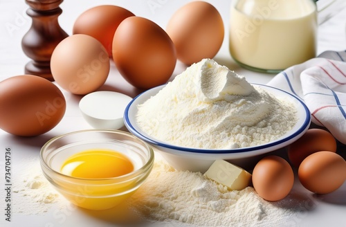 Baking ingredients flour, eggs, rolling pin, butter and kitchen textiles. on white background