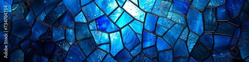 Blue glass stained glass wide background.