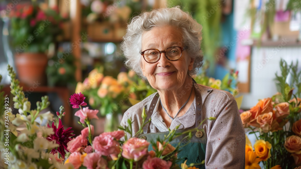 Florist senior woman collecting bouquet in flower shop. Startup successful small business.