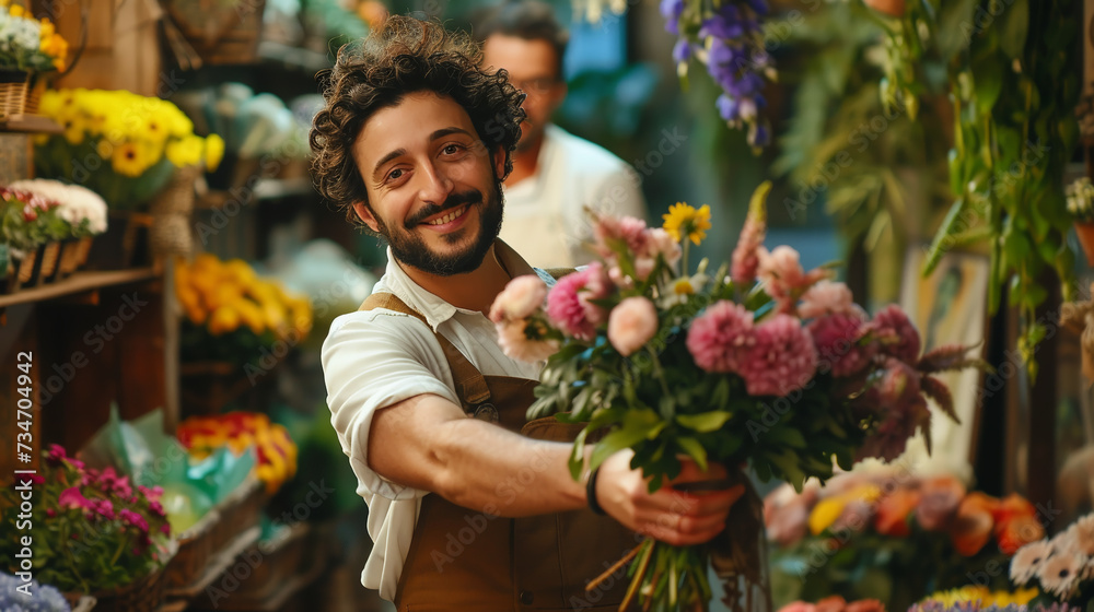 Florist man collecting and hold out a bouquet in flower shop. Happy small business owner Florist man collecting and hold out a bouquet in flower shop. Happy small business owner