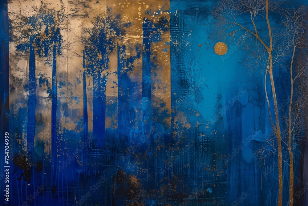 Abstract Blue and Gold Forest Painting with Textured Trees and Moon