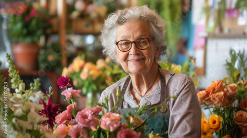 Florist senior woman collecting bouquet in flower shop. Startup successful small business. © lelechka